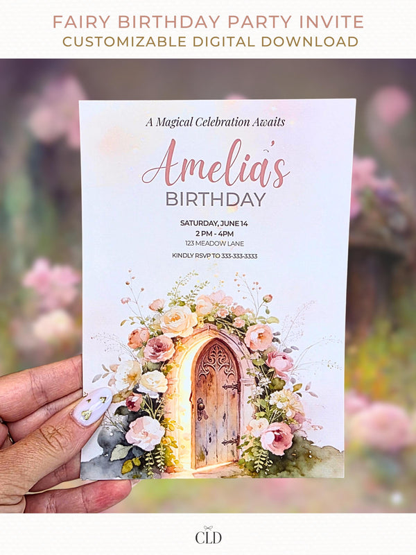 Printable fairy birthday invitation held in hand, featuring a glowing enchanted fairy door surrounded by soft watercolor florals, elegant pastel design for a girl’s birthday party