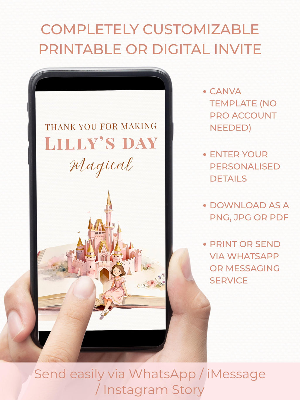 Brunette Princess Birthday Thank You Party Card (Instant Download Editable Canva Template) Printable Mobile Magical Castle Storybook