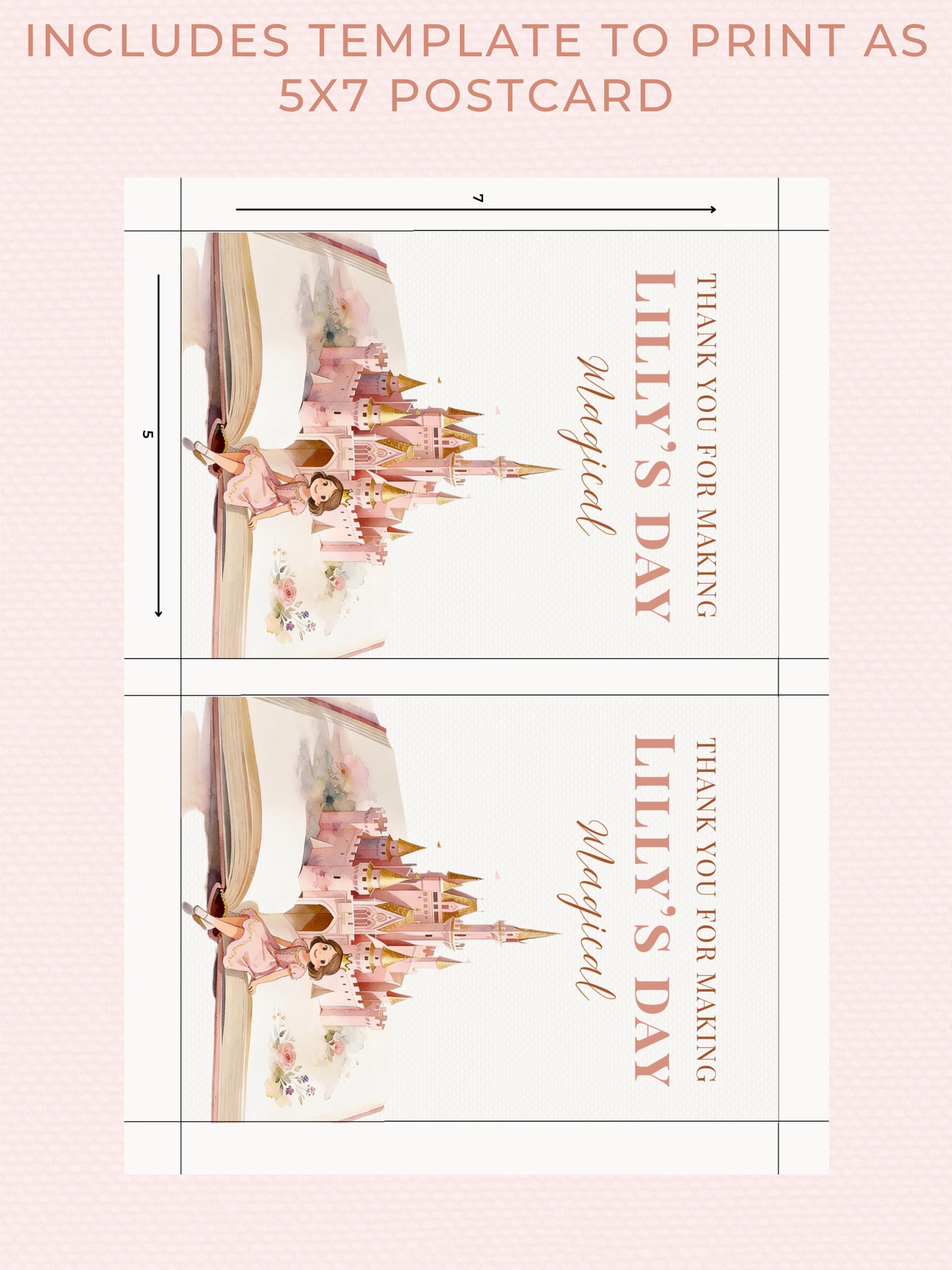 Brunette Princess Birthday Thank You Party Card (Instant Download Editable Canva Template) Printable Mobile Magical Castle Storybook