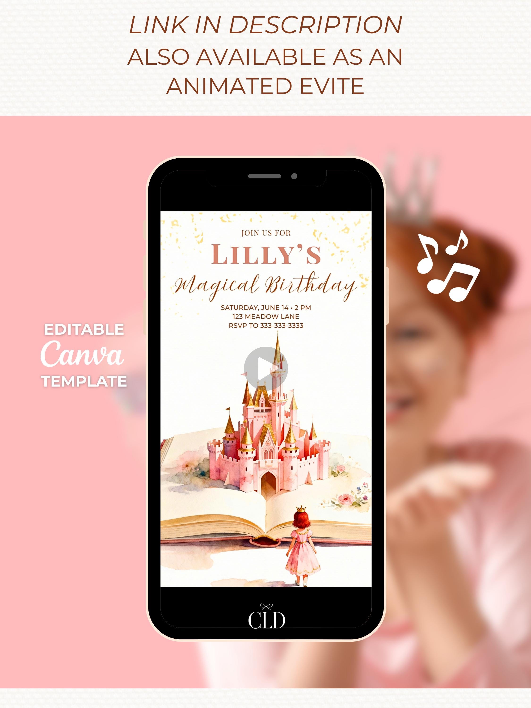 Printable Red Hair Princess Birthday Invitation, Storybook Castle Invite, Girl Party Evite, Editable Canva Template, Fairytale Decor