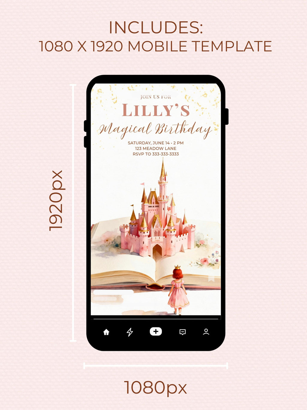 Printable Red Hair Princess Birthday Invitation, Storybook Castle Invite, Girl Party Evite, Editable Canva Template, Fairytale Decor