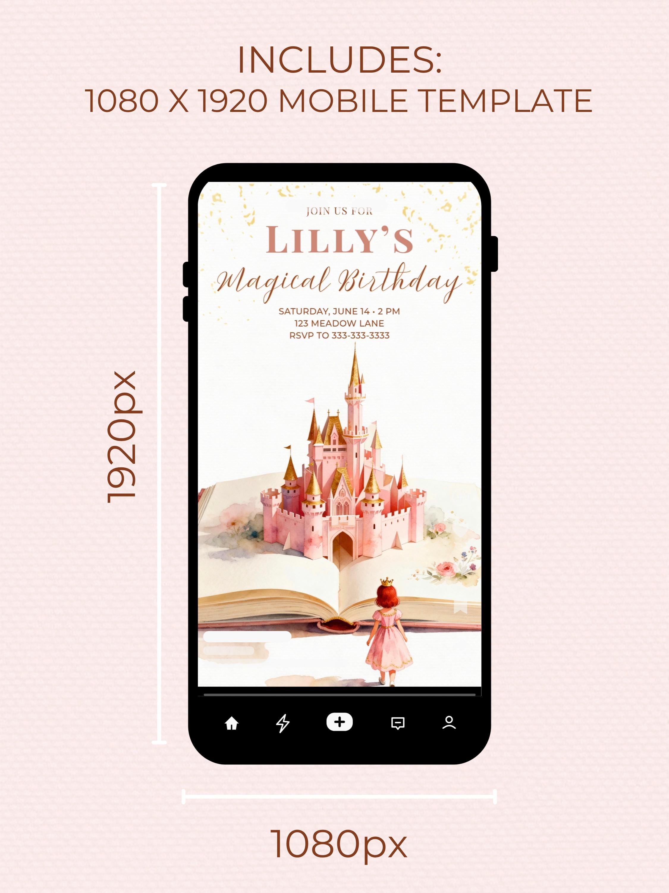 Printable Red Hair Princess Birthday Invitation, Storybook Castle Invite, Girl Party Evite, Editable Canva Template, Fairytale Decor