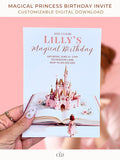 Printable princess birthday invitation held in hand, featuring a storybook castle rising from an open book, soft pink watercolor fairytale design for a girl’s birthday party