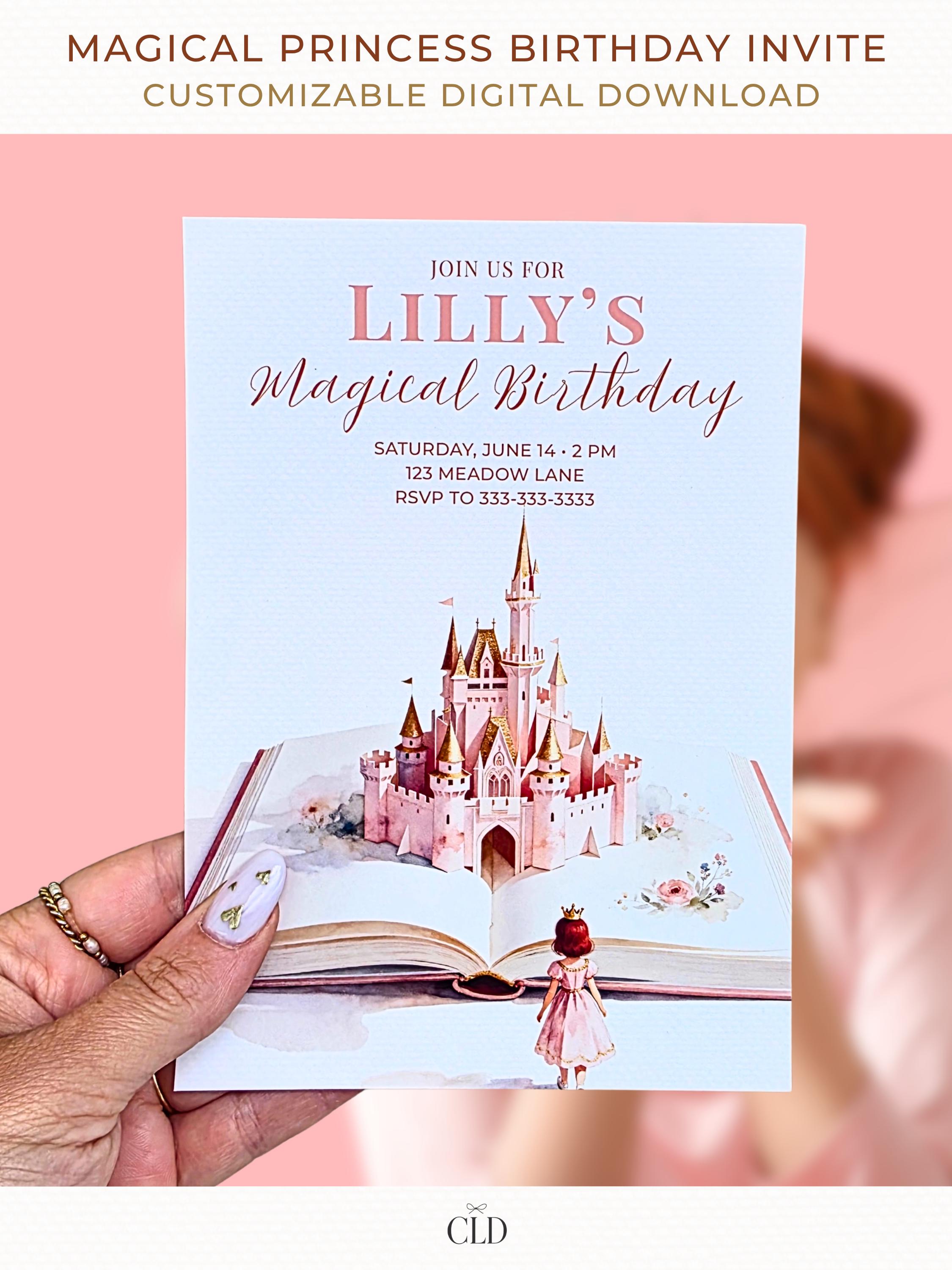 Printable princess birthday invitation held in hand, featuring a storybook castle rising from an open book, soft pink watercolor fairytale design for a girl’s birthday party