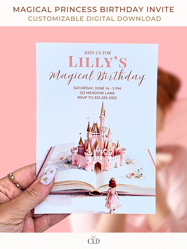 Printable princess birthday invitation held in hand, featuring a storybook castle rising from an open book, soft pink watercolor fairytale design for a girl’s birthday party