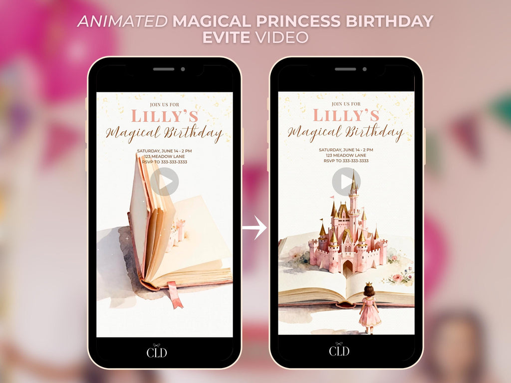 Princess Birthday Party Bundle Canva Template Brunette - Animated Evite, Printable Invitation, Welcome Sign, Banner & Thank You Card