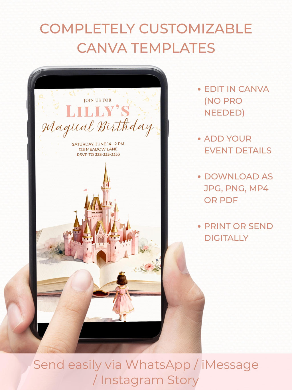 Princess Birthday Party Bundle Canva Template Brunette - Animated Evite, Printable Invitation, Welcome Sign, Banner & Thank You Card
