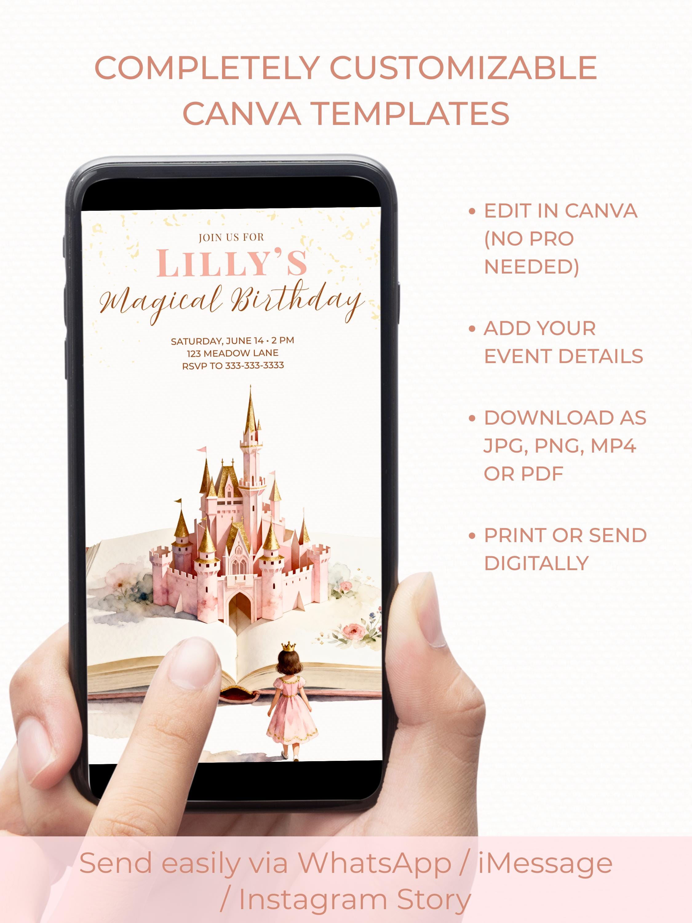 Princess Birthday Party Bundle Canva Template Brunette - Animated Evite, Printable Invitation, Welcome Sign, Banner & Thank You Card