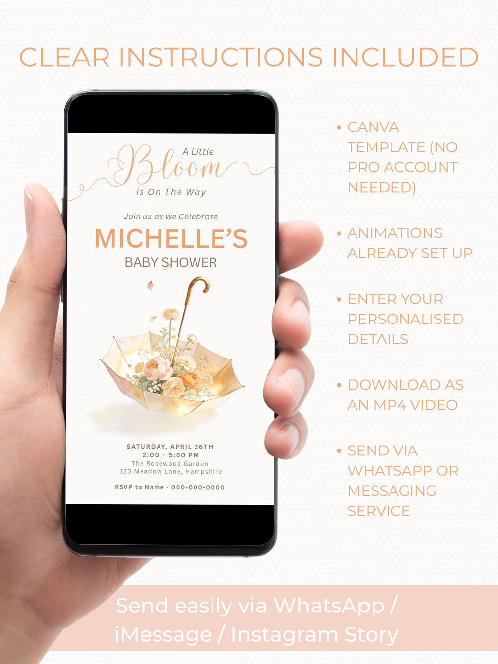 Animated Baby Shower Evite - A Little Bloom Is On The Way Invitation, Floral Girl Umbrella Video Invite, Editable Canva Template