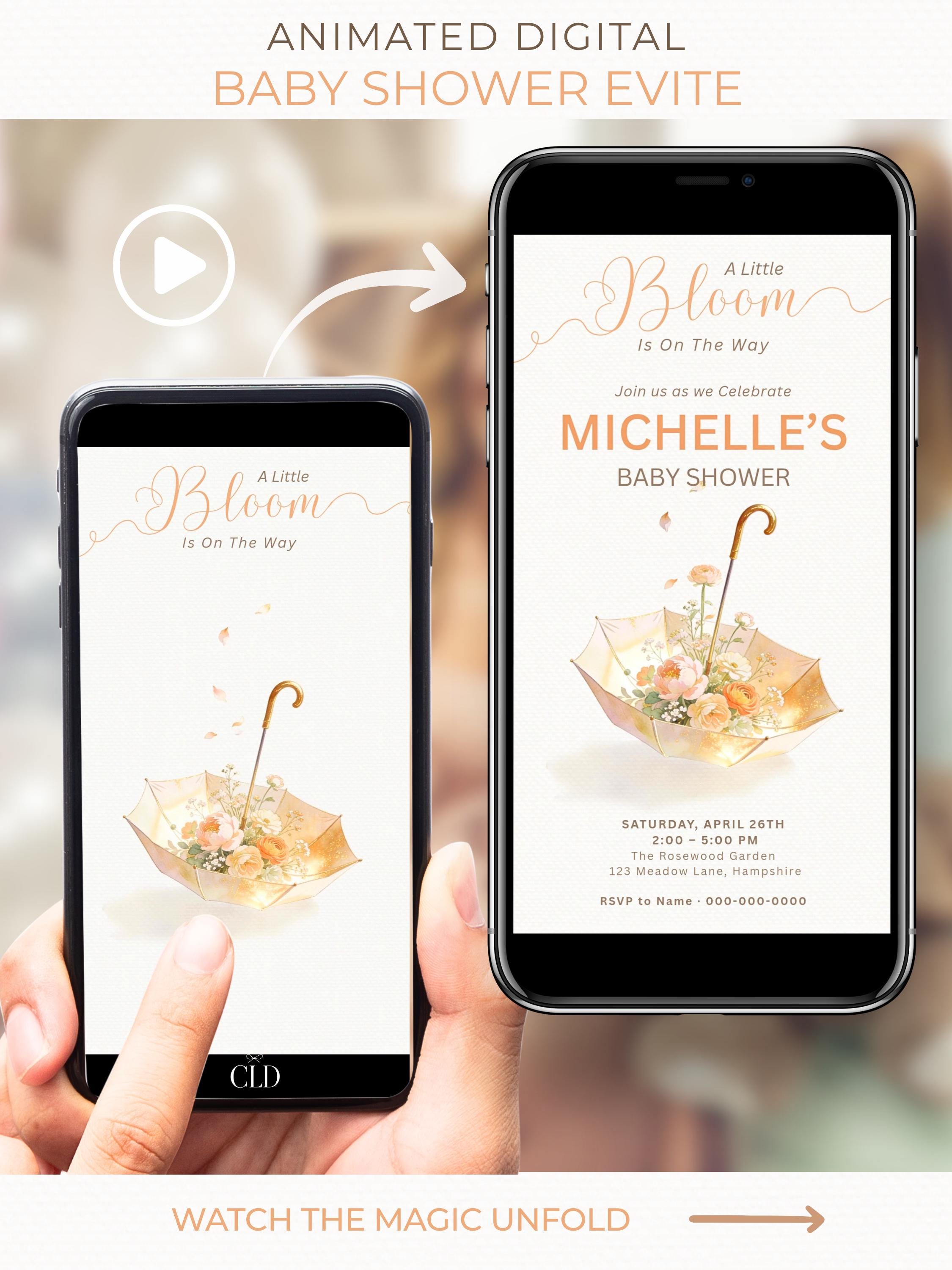 Elegant animated baby shower evite featuring a floral umbrella design with soft blooming flowers and drifting petals in warm neutral tones