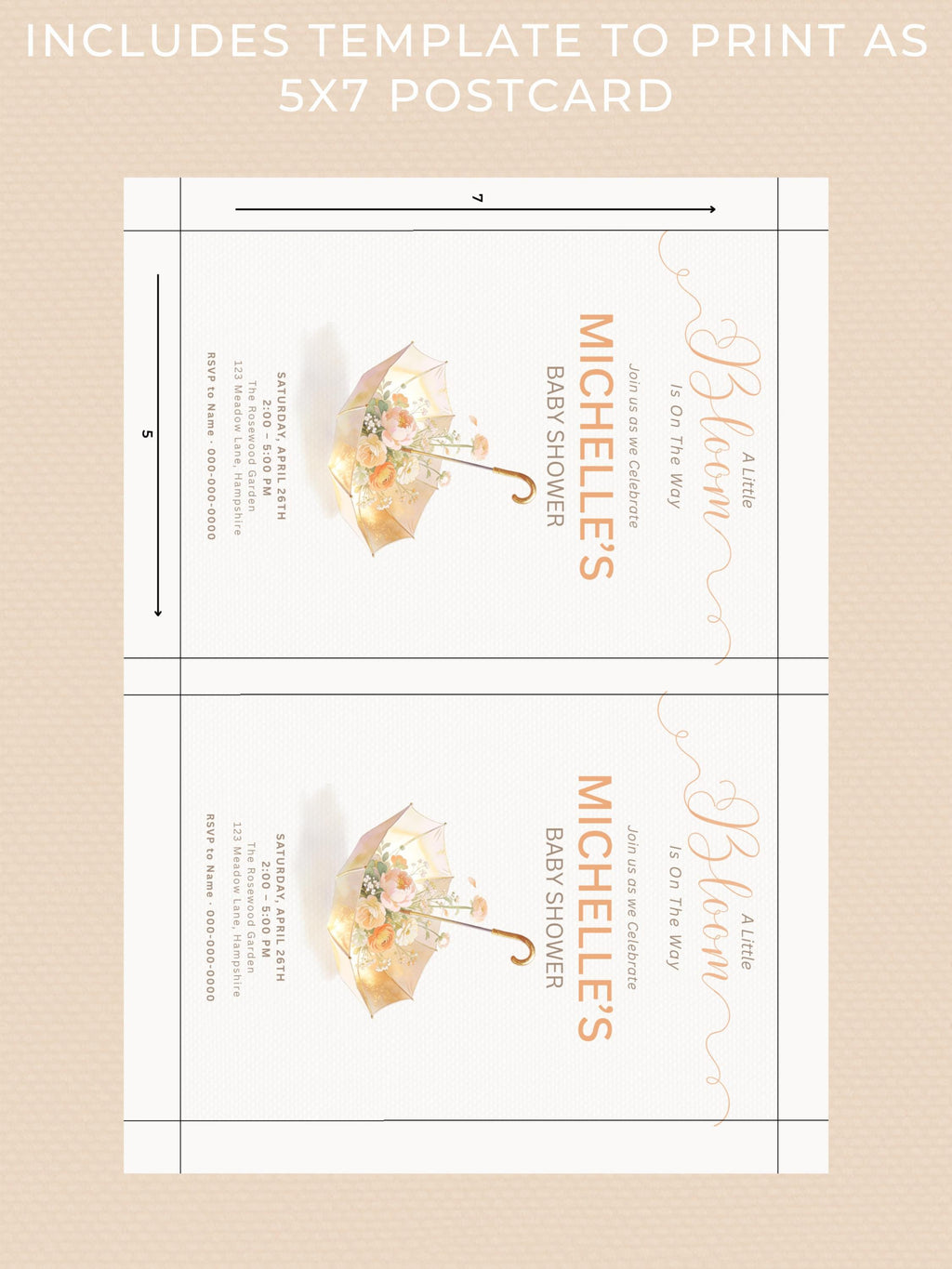 Baby Shower Invitation Template Printable, A Little Bloom Is On The Way Invite, Floral Umbrella Baby Shower, Editable Canva 5x7 Card
