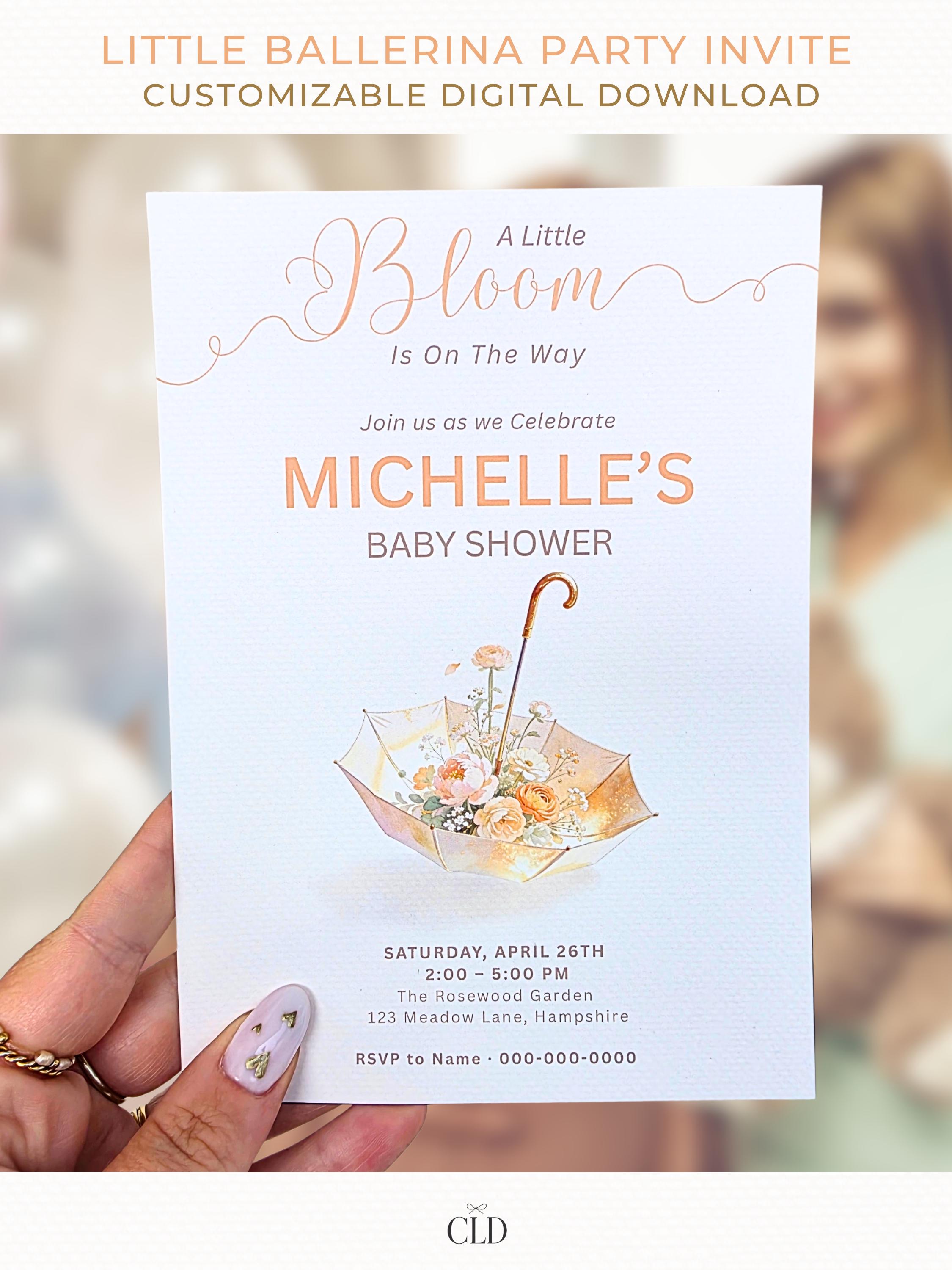 Elegant printable baby shower invitation featuring a floral umbrella design with soft neutral tones and blooming flowers, editable Canva 5x7 template