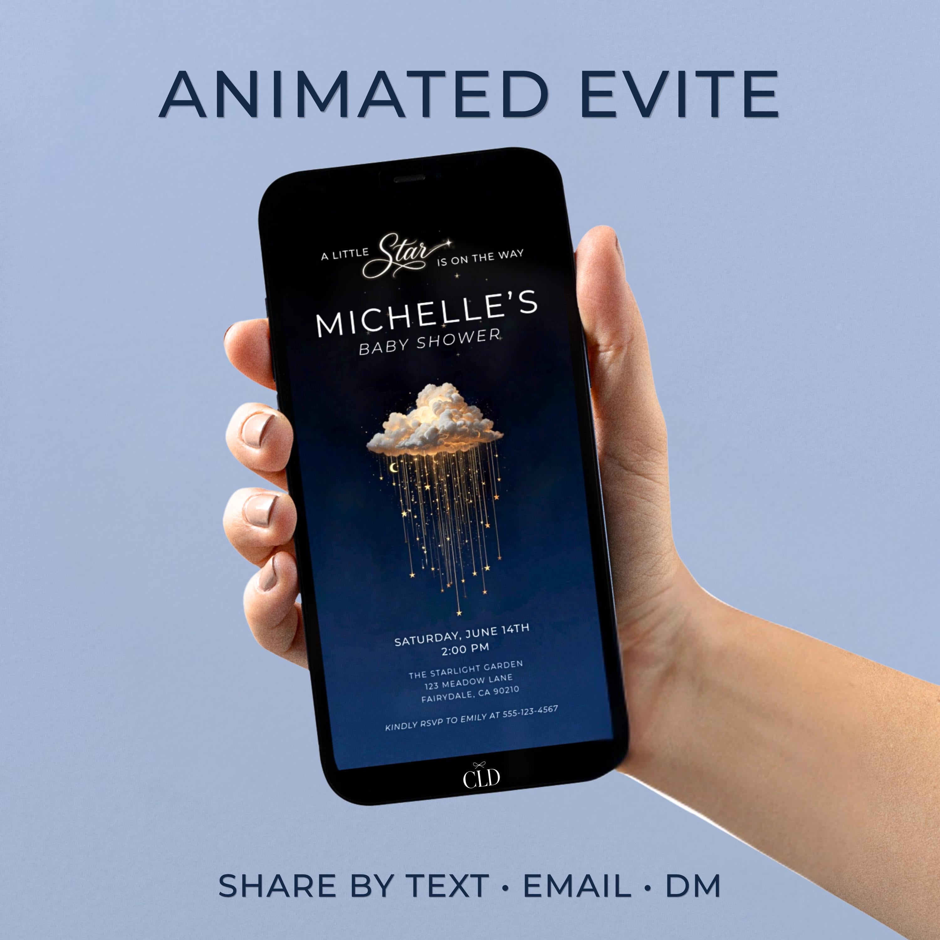 Mockup of an animated baby shower evite on a smartphone screen, featuring a navy blue design with a glowing cloud raining gold stars and event details for Michelle's Baby Shower on June 14th.