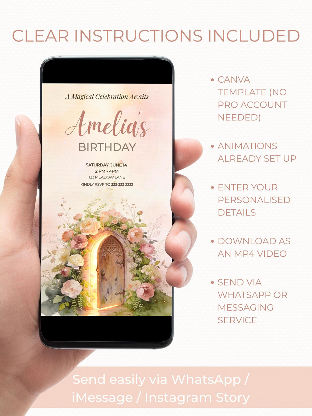 Animated Fairy Birthday Invitation Video, Magical Door Evite, Girl Birthday Party Invite, Editable Canva Template
