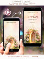 Animated fairy birthday invitation displayed on a phone, featuring a glowing floral fairy door that slowly opens to reveal a magical girl’s birthday party evite, soft watercolor design in blush and pastel tones