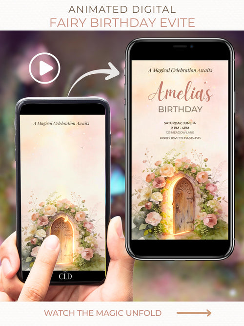 Animated fairy birthday invitation displayed on a phone, featuring a glowing floral fairy door that slowly opens to reveal a magical girl’s birthday party evite, soft watercolor design in blush and pastel tones