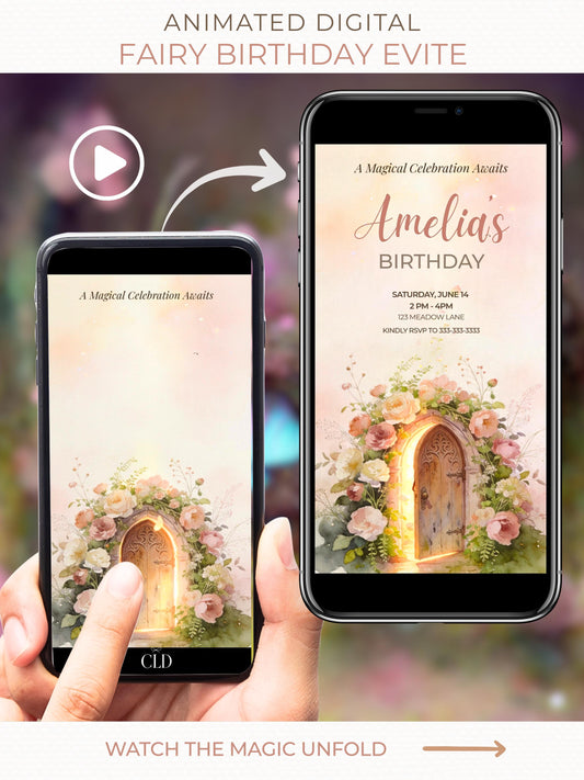 Animated fairy birthday invitation displayed on a phone, featuring a glowing floral fairy door that slowly opens to reveal a magical girl’s birthday party evite, soft watercolor design in blush and pastel tones