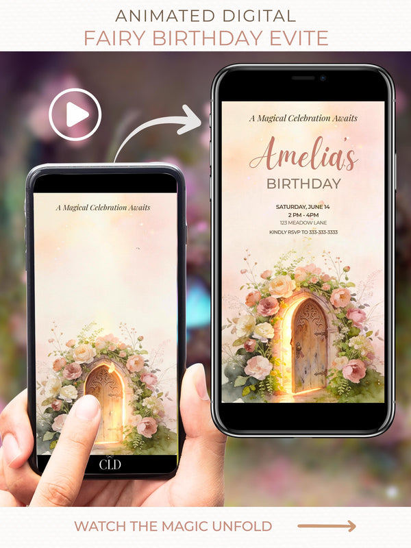 Animated fairy birthday invitation displayed on a phone, featuring a glowing floral fairy door that slowly opens to reveal a magical girl’s birthday party evite, soft watercolor design in blush and pastel tones