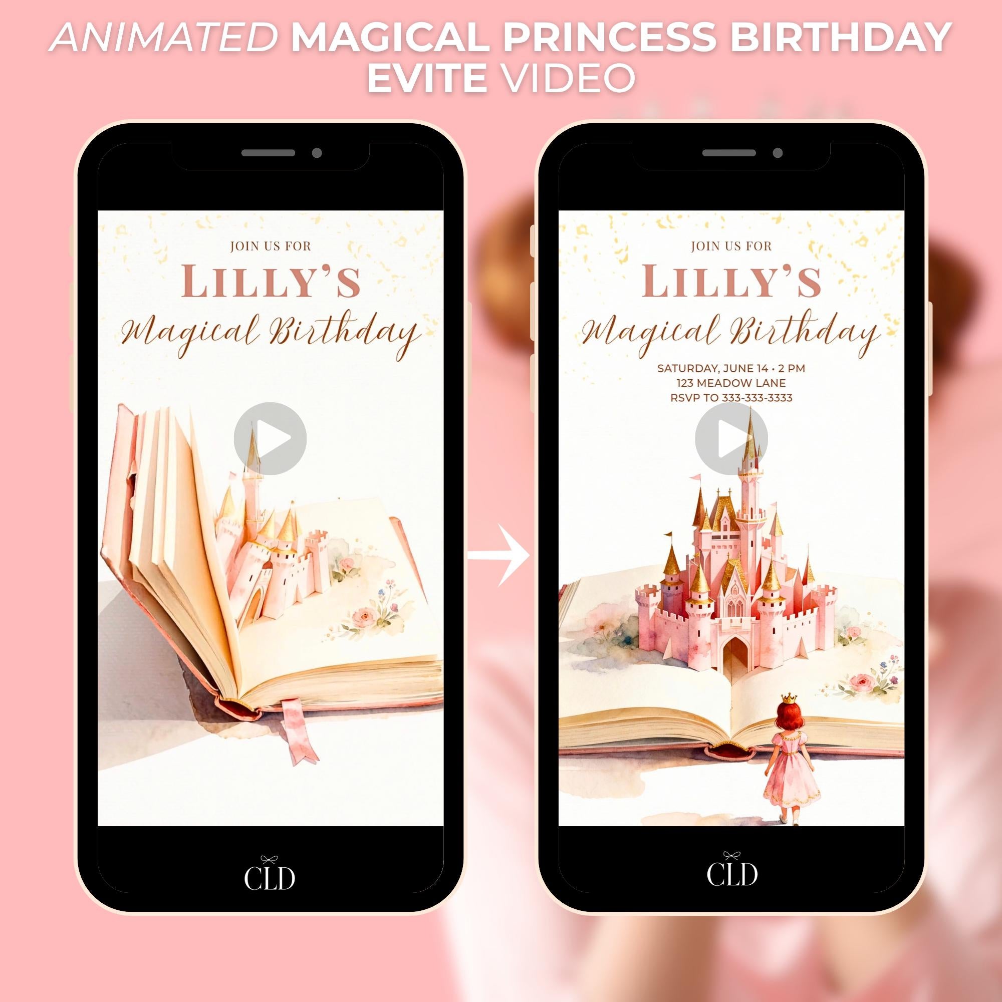 Animated Red Hair Princess Birthday Evite - Custom Storybook Castle Video Invitation - Magical Girl Digital Invite Canva Template