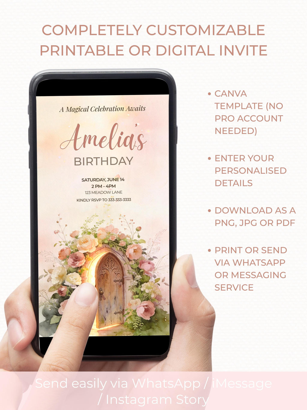 Fairy Birthday Invitation Template, Printable Floral Fairy Door Invite, Girl Party, Editable Canva Template, 5x7 Magic Garden Invite