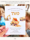 Printable construction birthday invitation held in hand, featuring a watercolour dump truck tipping sand, an excavator, and a cement mixer beneath the word TWO in industrial scaffolding lettering. Header reads Dump Everything and Join the Crew. Designed by ChelseaLamontDesign.