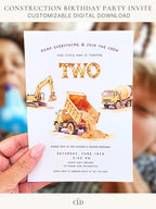 Printable construction birthday invitation held in hand, featuring a watercolour dump truck tipping sand, an excavator, and a cement mixer beneath the word TWO in industrial scaffolding lettering. Header reads Dump Everything and Join the Crew. Designed by ChelseaLamontDesign.