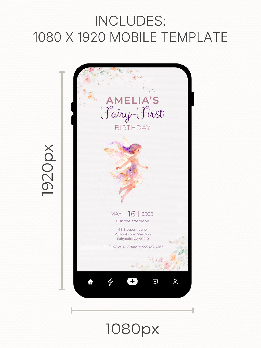 Printable Fairy First Birthday Invitation, Girl 1st Magical Watercolor Party Evite, Editable Canva Template Digital 5x7 Invite