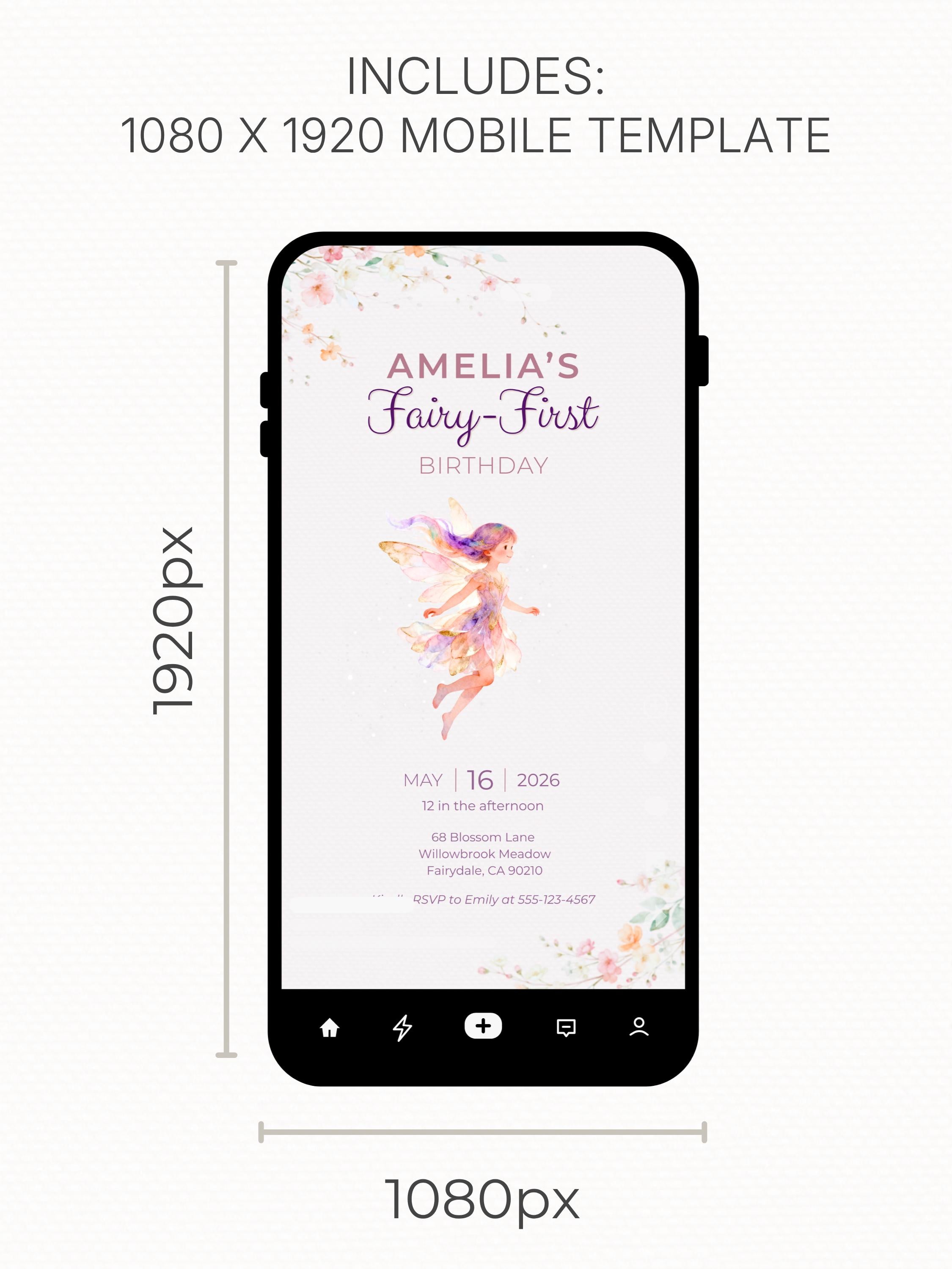 Printable Fairy First Birthday Invitation, Girl 1st Magical Watercolor Party Evite, Editable Canva Template Digital 5x7 Invite