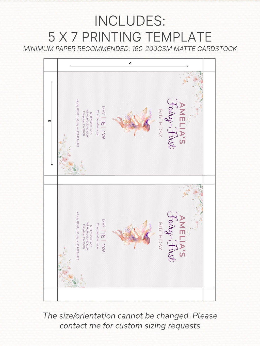 Printable Fairy First Birthday Invitation, Girl 1st Magical Watercolor Party Evite, Editable Canva Template Digital 5x7 Invite