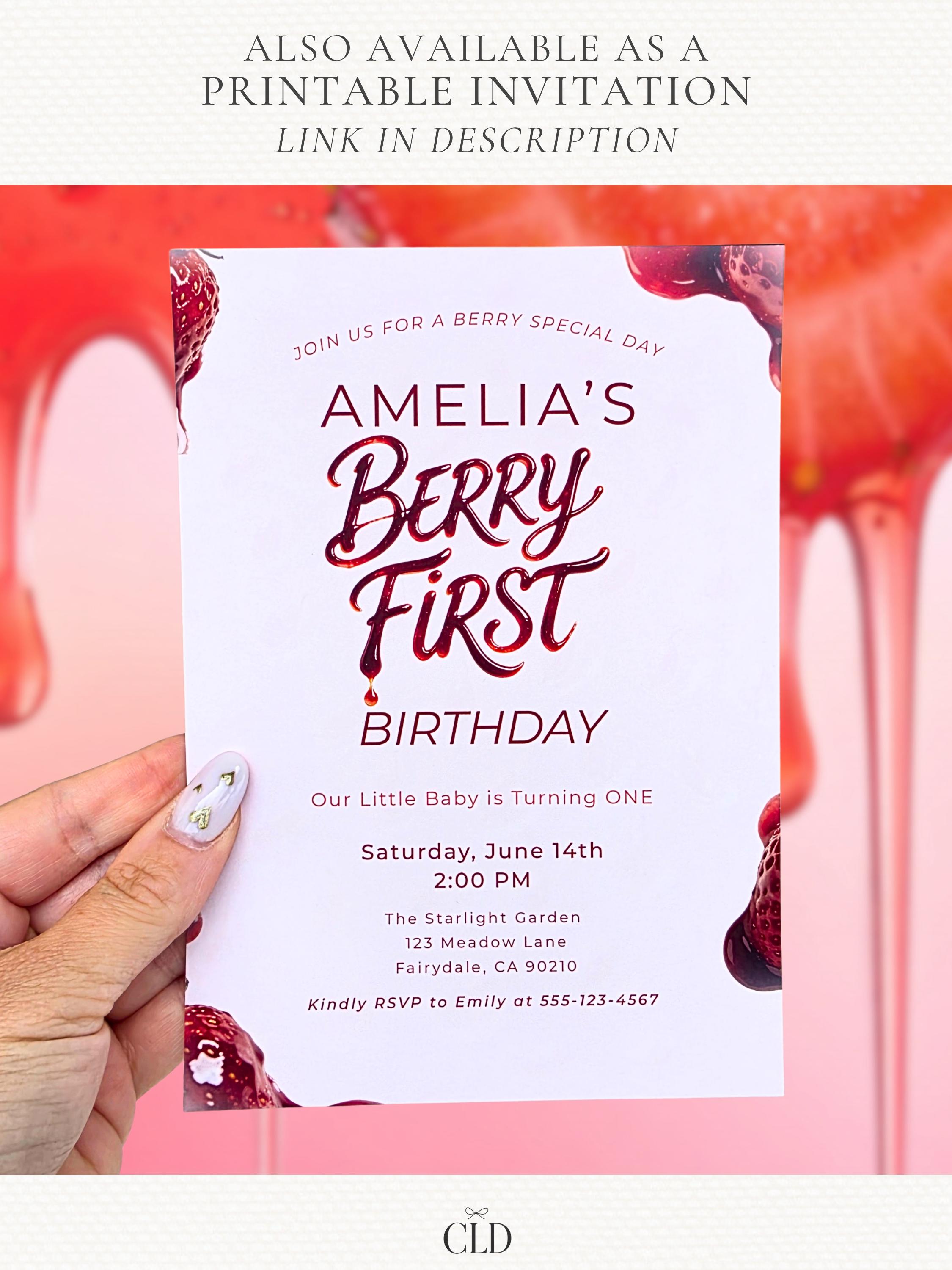 Animated Berry First Birthday Invitation Video, Strawberry 1st Bday Party Evite, Editable Canva Template, Sweet Girl Invite