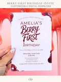 Printable Berry First birthday invitation featuring glossy red strawberry-style lettering, held in hand against a soft pink background, modern editable Canva strawberry first birthday invite
