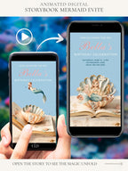 Animated storybook mermaid birthday evite displayed on a smartphone, featuring a mermaid jumping into a seashell inside an open book, editable Canva digital invitation
