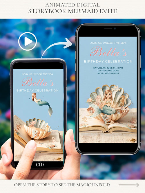 Animated storybook mermaid birthday evite displayed on a smartphone, featuring a mermaid jumping into a seashell inside an open book, editable Canva digital invitation