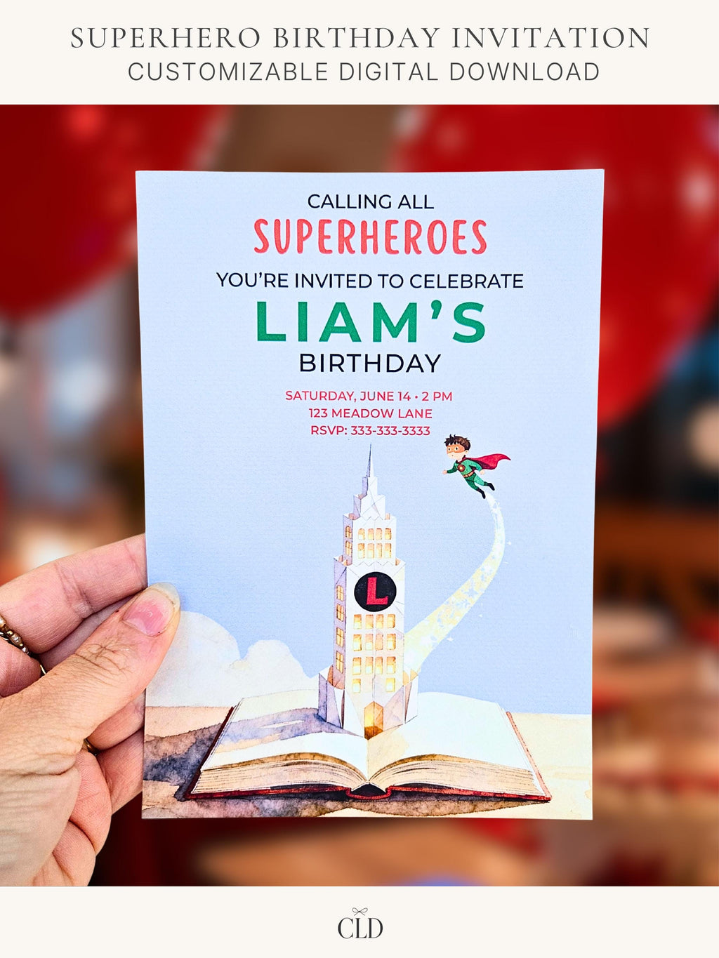 Watercolor superhero birthday invitation card held by a hand, featuring a bold headline ‘Calling All Superheroes’, a storybook tower illustration, and a small hero flying beside it with a sparkle trail. Clean, minimalist layout with bright colors and illustrated details. Logo mark at the bottom.