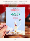 Watercolor superhero birthday invitation card held by a hand, featuring a bold headline ‘Calling All Superheroes’, a storybook tower illustration, and a small hero flying beside it with a sparkle trail. Clean, minimalist layout with bright colors and illustrated details. Logo mark at the bottom.
