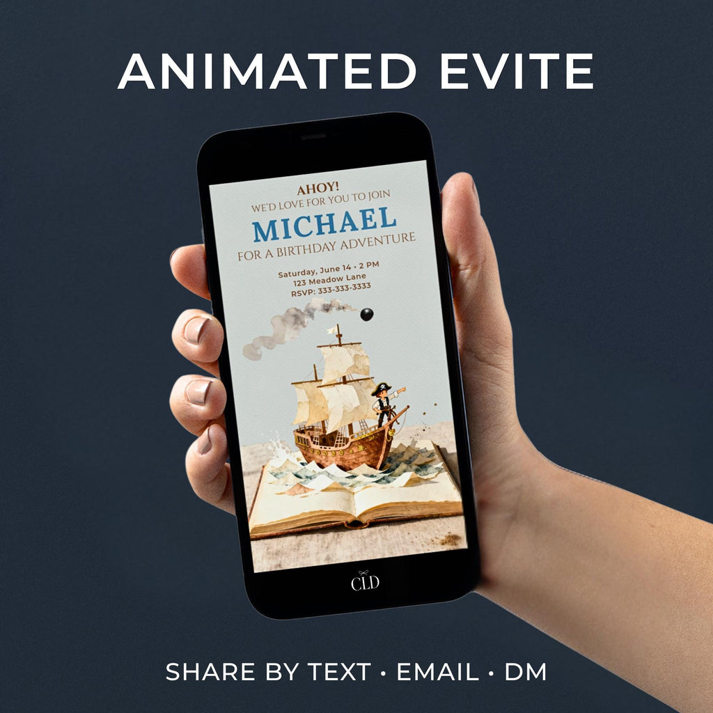 Photo of hands holding a vintage book. On the phone screen above the book is an animated pirate kids’ invitation design showing the text “Ahoy! We’d love for you to join Michael for a Birthday Adventure” and a pop-up style pirate ship on open book pages with paper waves and a cannonball flying overhead. Soft natural tones, minimal vintage composition, digital invite mockup