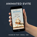 Photo of hands holding a vintage book. On the phone screen above the book is an animated pirate kids’ invitation design showing the text “Ahoy! We’d love for you to join Michael for a Birthday Adventure” and a pop-up style pirate ship on open book pages with paper waves and a cannonball flying overhead. Soft natural tones, minimal vintage composition, digital invite mockup