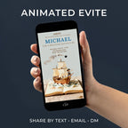 Photo of hands holding a vintage book. On the phone screen above the book is an animated pirate kids’ invitation design showing the text “Ahoy! We’d love for you to join Michael for a Birthday Adventure” and a pop-up style pirate ship on open book pages with paper waves and a cannonball flying overhead. Soft natural tones, minimal vintage composition, digital invite mockup