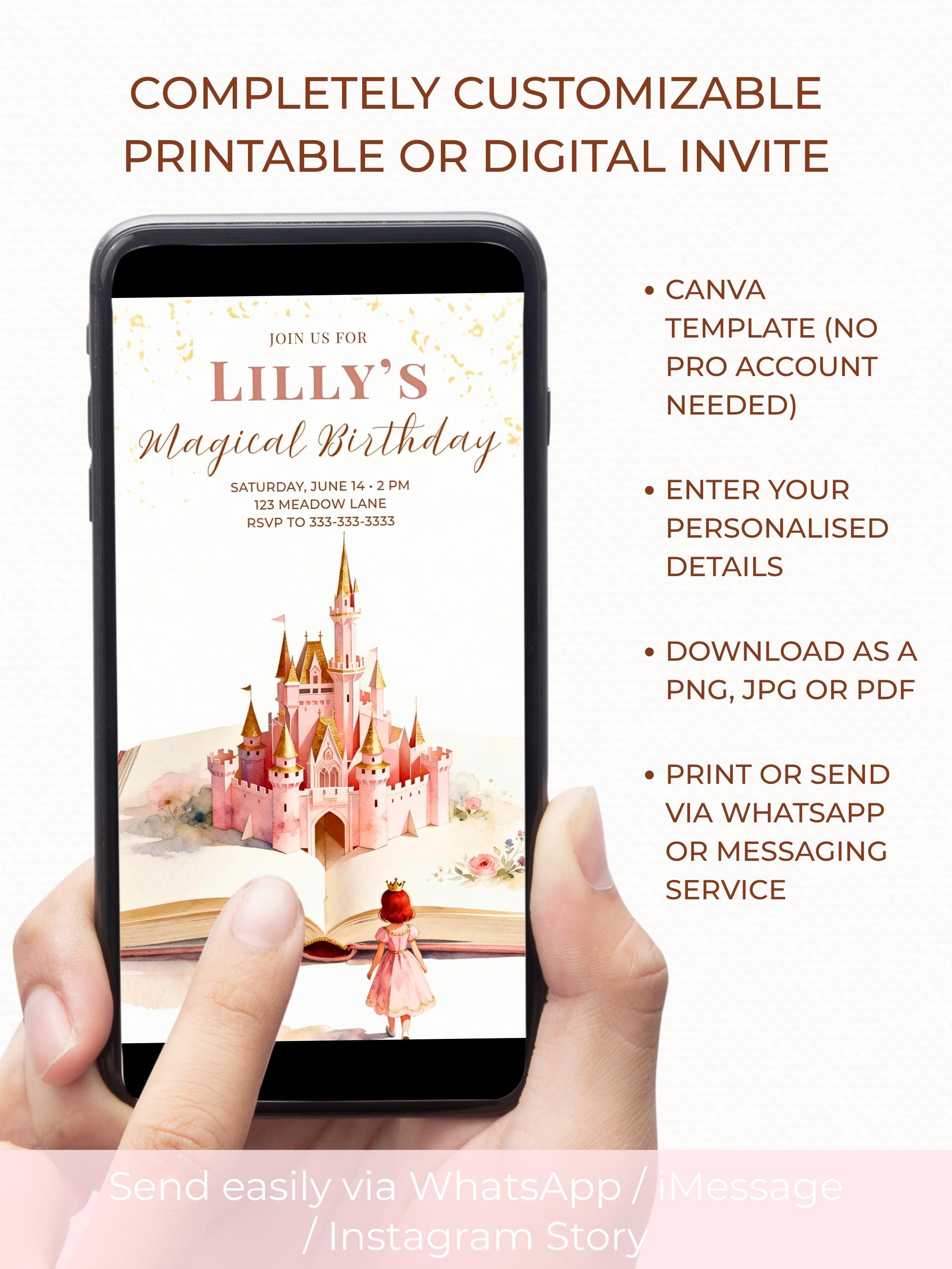 Printable Red Hair Princess Birthday Invitation, Storybook Castle Invite, Girl Party Evite, Editable Canva Template, Fairytale Decor