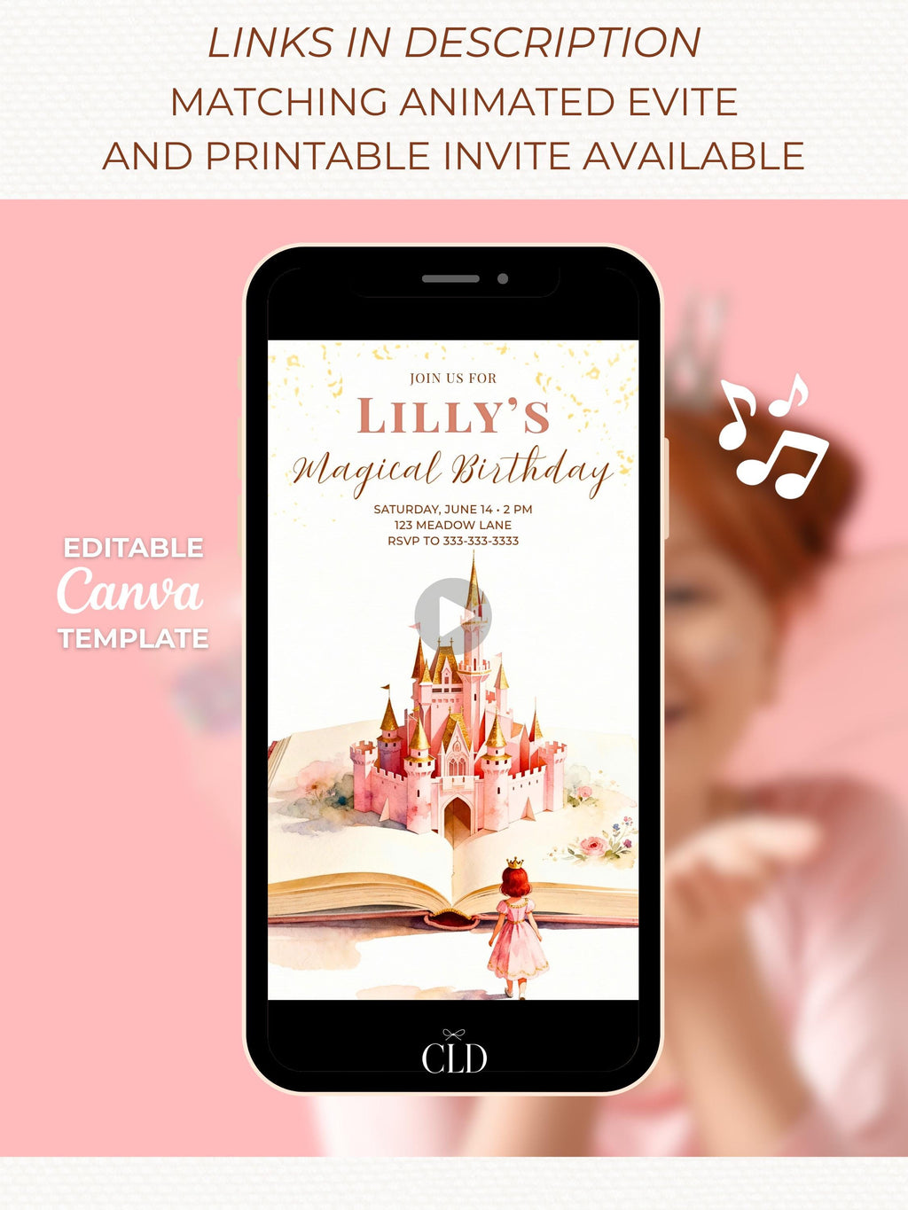 Princess Red Hair Birthday Thank You Party Card (Instant Download Editable Canva Template) Printable Mobile Magical Castle Storybook