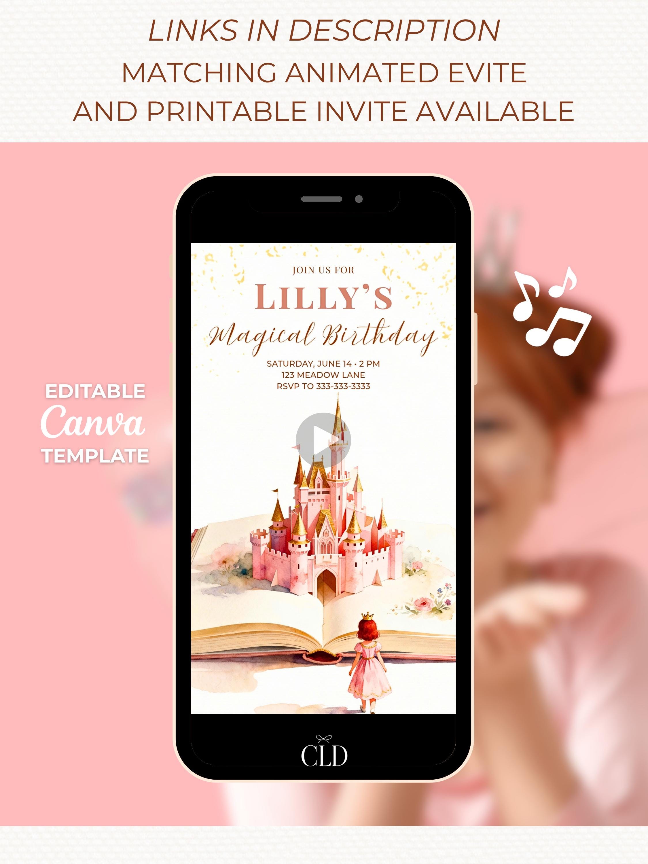 Princess Red Hair Birthday Thank You Party Card (Instant Download Editable Canva Template) Printable Mobile Magical Castle Storybook