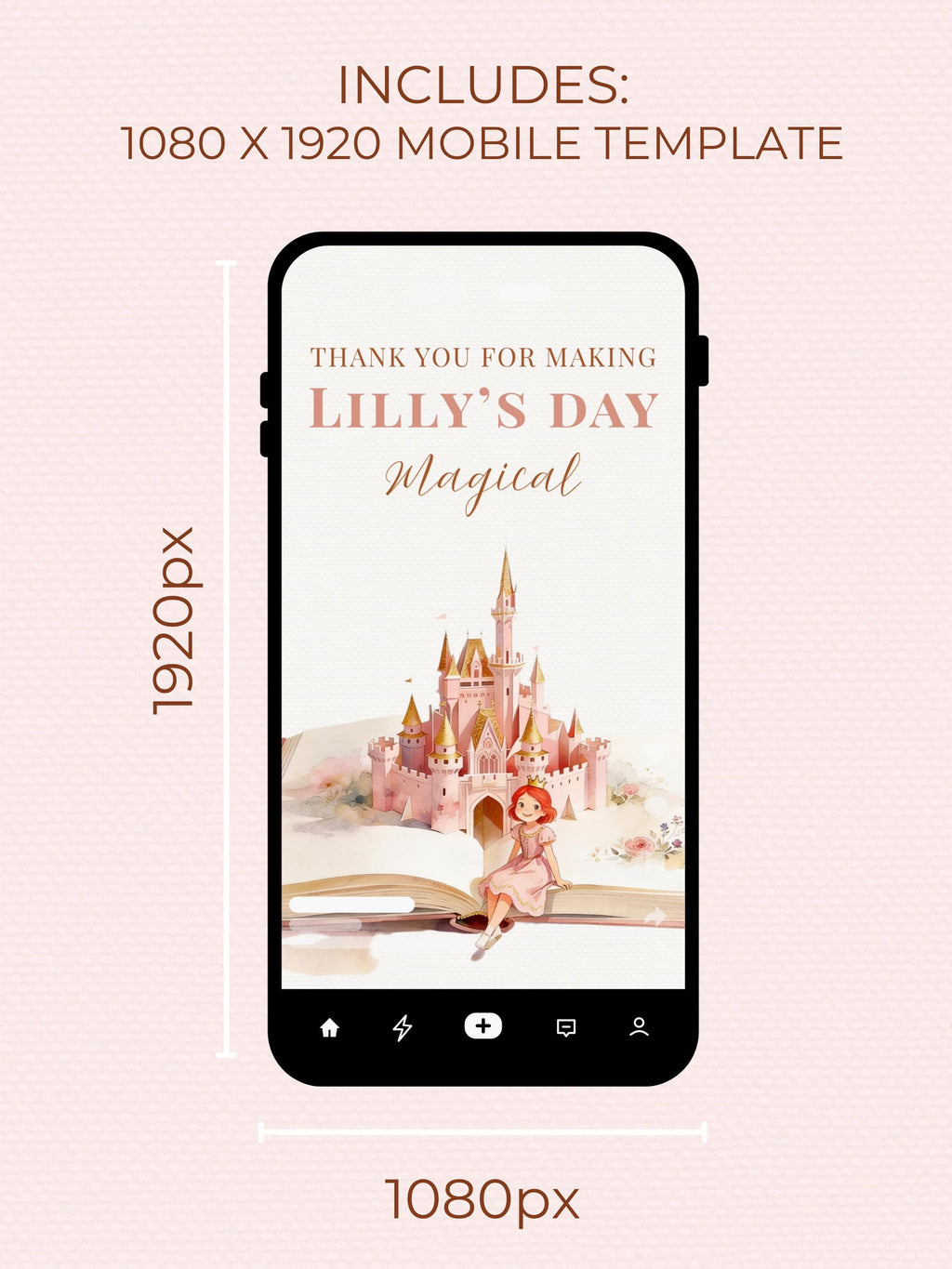Princess Red Hair Birthday Thank You Party Card (Instant Download Editable Canva Template) Printable Mobile Magical Castle Storybook