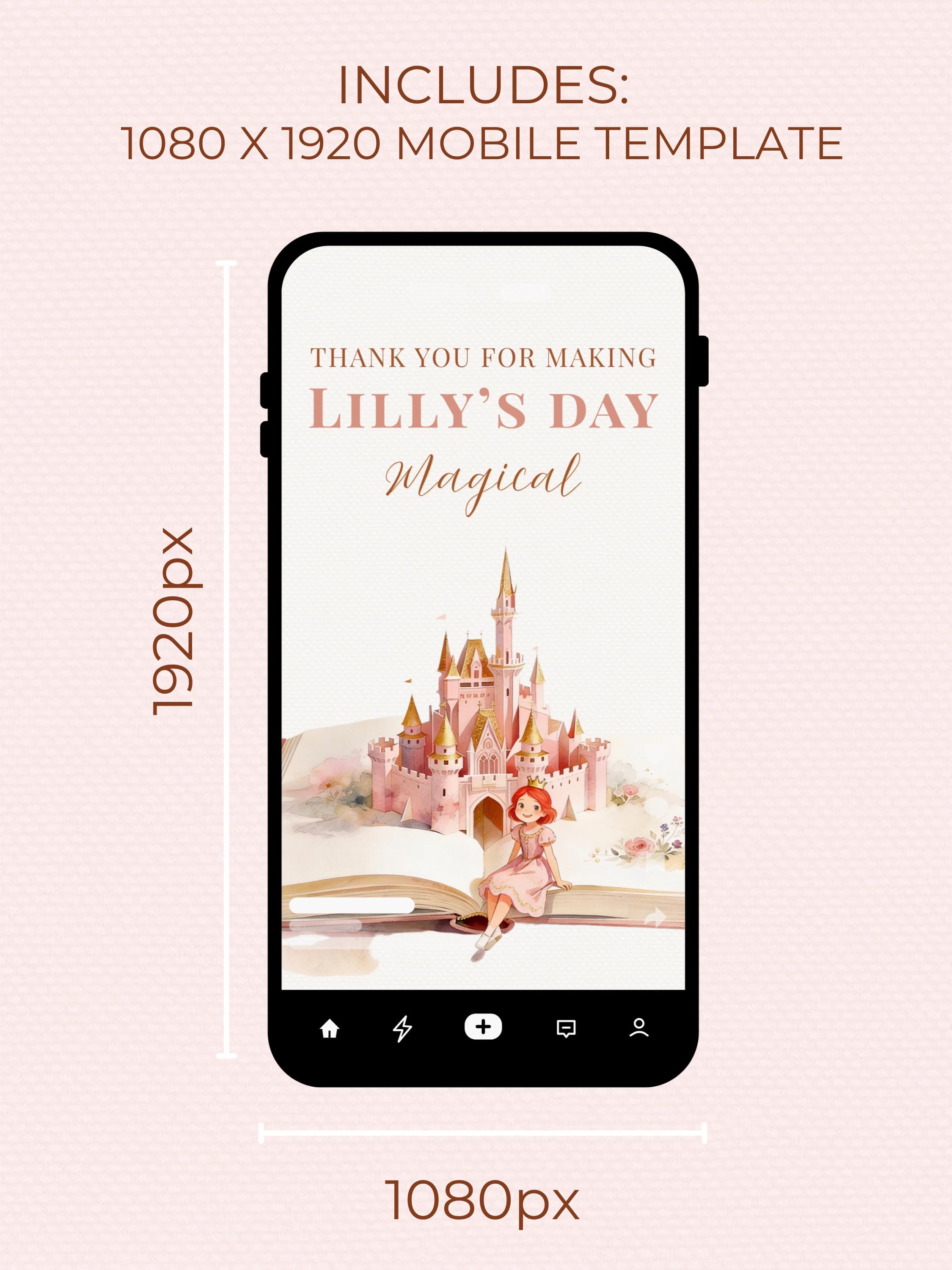 Princess Red Hair Birthday Thank You Party Card (Instant Download Editable Canva Template) Printable Mobile Magical Castle Storybook
