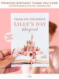 Princess birthday thank you card Canva template with watercolor storybook castle and little princess illustration held in hand, editable printable digital download