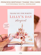 Princess birthday thank you card Canva template with watercolor storybook castle and little princess illustration held in hand, editable printable digital download
