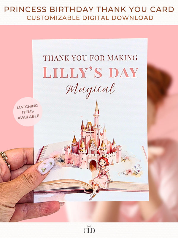 Princess birthday thank you card Canva template with watercolor storybook castle and little princess illustration held in hand, editable printable digital download