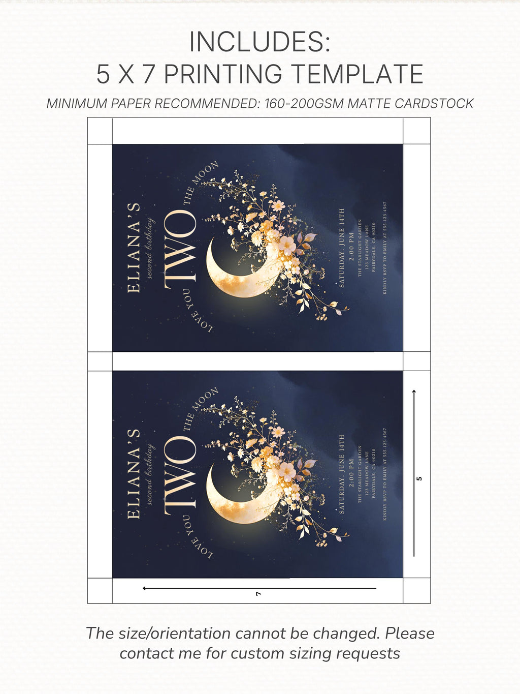 Printable Love You Two The Moon Birthday Invitation - 2nd Bday Invite - Moon and Stars Party Evite (Editable Canva Template 5x7)