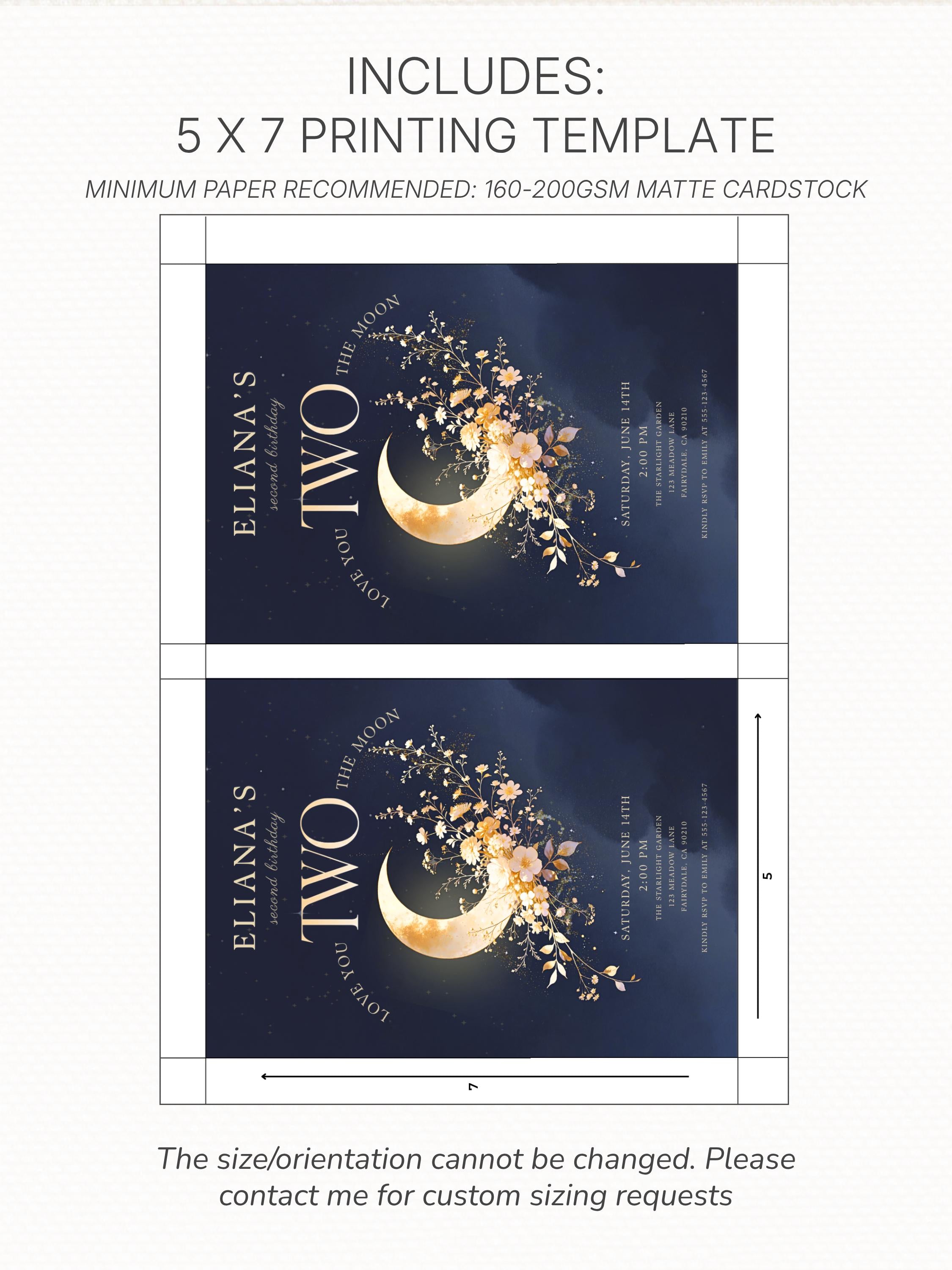 Printable Love You Two The Moon Birthday Invitation - 2nd Bday Invite - Moon and Stars Party Evite (Editable Canva Template 5x7)