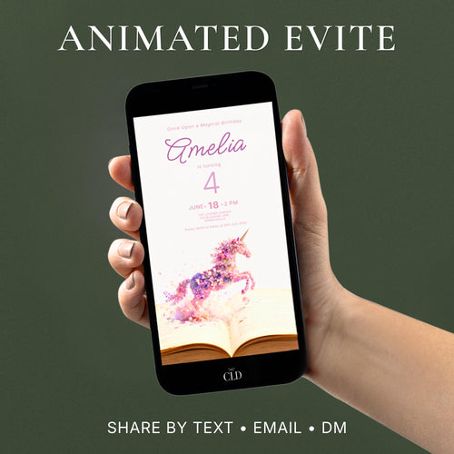 Animated Storybook Unicorn Birthday Invitation displayed on a phone mockup showing a watercolor unicorn made of flowers leaping softly from an open storybook, editable Canva video evite for a girl's magical or unicorn-themed birthday party.