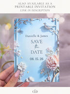 Animated Save the Date Video Wedding Evite, Floral Bas Relief Editable Canva Template, Powder Blue Digital Engagement Announcement for Phone
